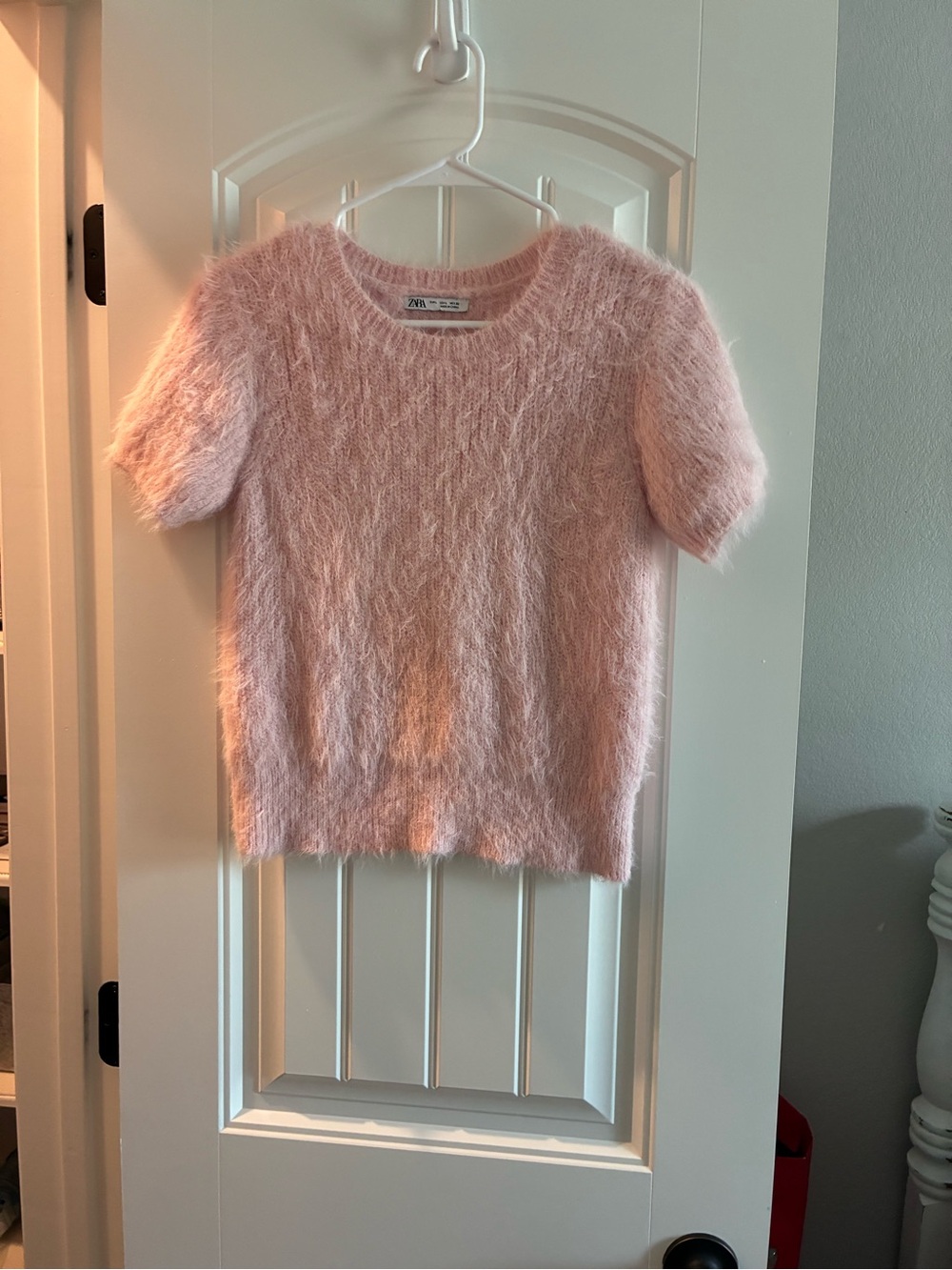 Zara Blush Pink Fuzzy Short-Sleeve Crewneck Sweater